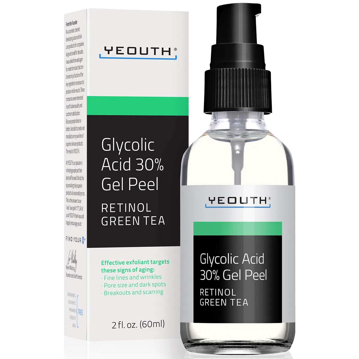 YEOUTH Peeling Ácido Glicólico 30% Cuidado Facial Profesional con Retinol y Té Verde, Exfoliante Facial Skin Care Mujer y Hombres 60ml