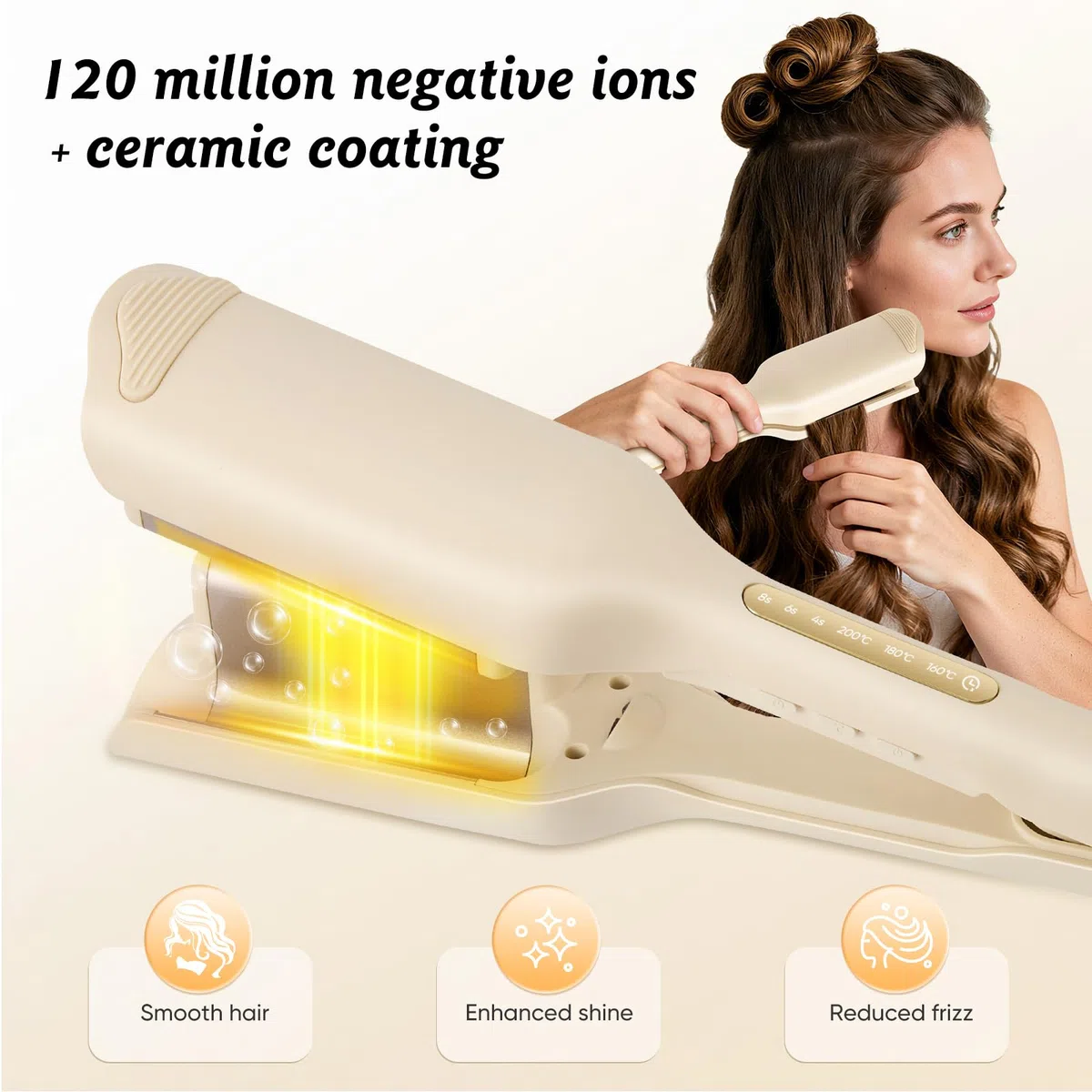 Plancha onduladora para el cabello con grandes ondas de 32 mm, 3 temperaturas ajustables, calentamiento rápido, pantalla LCD, protección contra el calor, temporizador integrado y apagado automático