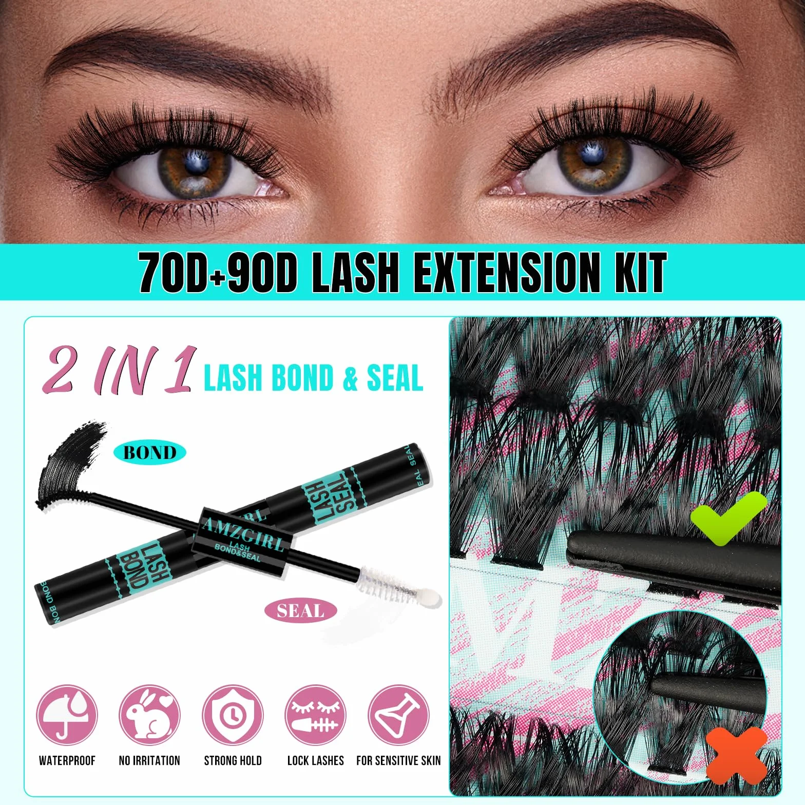Kit de Extensiones de Pestaña 320 Piezas, DIY con Pegamento y Sellador, Removedor de Pestañas (7090D, Kit D-Mix 10-16mm)