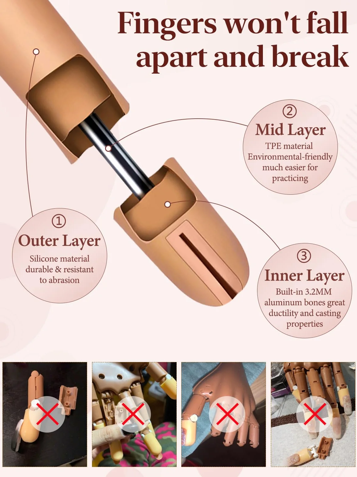 Mano para Practicar Uñas - Silicona Mano de Práctica con 200 Piezas de Uñas - Flexible Dedos para Practicar Uñas para Principiantes Salón Casa