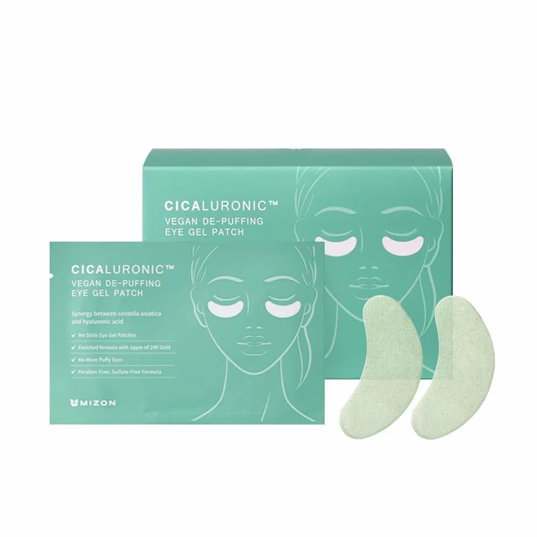 MIZON Parche vegano en gel de Cicalurónico para los ojos (21 pares) Antiinflamatorio con oro 24K y Cica, reduce la hinchazón, las ojeras y las arrugas (Cicaluronic Vegan De-puffing Eye Gel Patch)