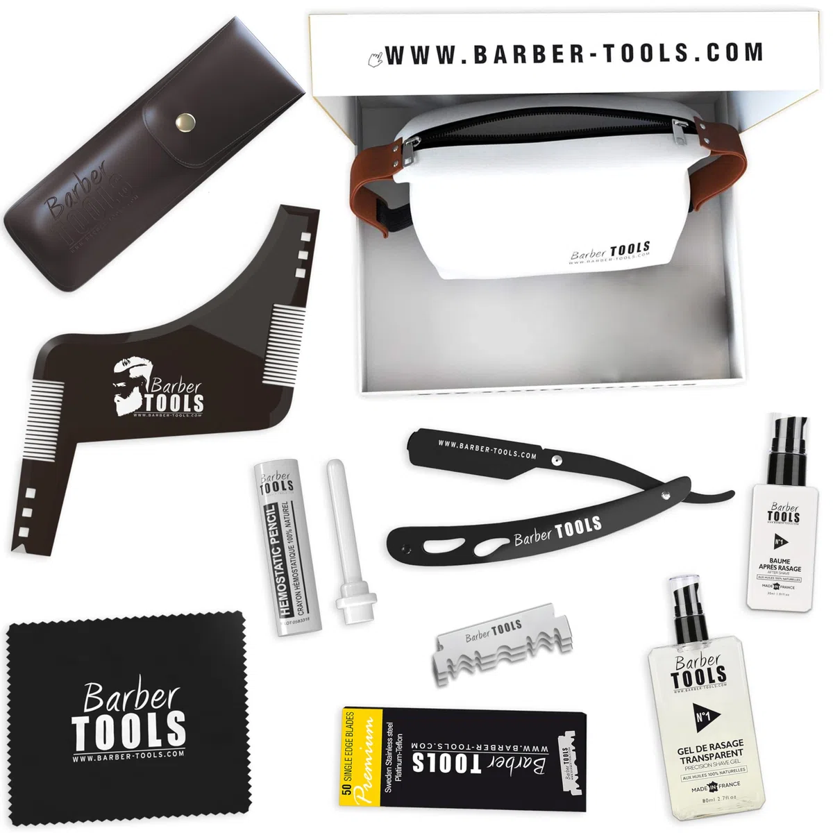 Kit de afeitadora de barba para hombre/navaja de afeitar de barba - con 50 cuchillas + peine guía + gel de afeitar transparente de 80 ml + aftershave de 30 ml + alumbre en barra + bolsa grande
