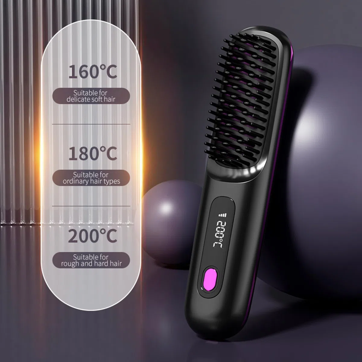 Go Brush Pro - Mini cepillo alisador de pelo inalámbrico portátil para mujer, con pantalla LCD de temperatura, 2000 mAh, calentamiento rápido y plancha de cerámica inalámbrica (BK)
