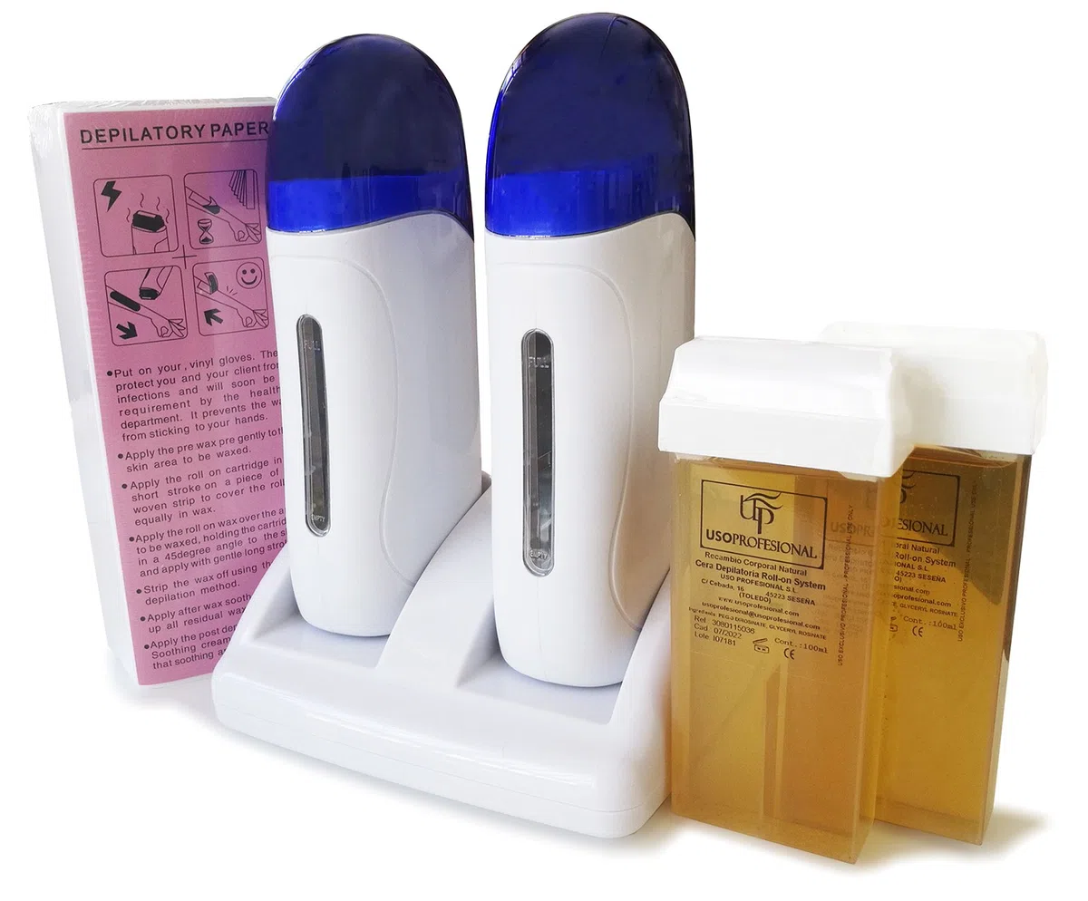 Kit de Depilación Profesional, 1 Calentador de Cera Tibia Roll-on(Modelo Doble), 2 Cartuchos de Cera(100ml/ud), 1 Paquete de Bandas Depilatorias(100uds)