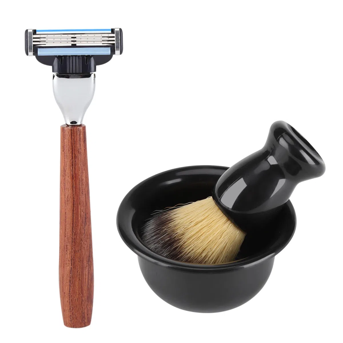 Kit de afeitado manual de seguridad con soporte, cepillo de afeitar de tejón, tazón de afeitar de espuma, kit de afeitado para barba de hombres con mango de acero inoxidable y madera, regalo para