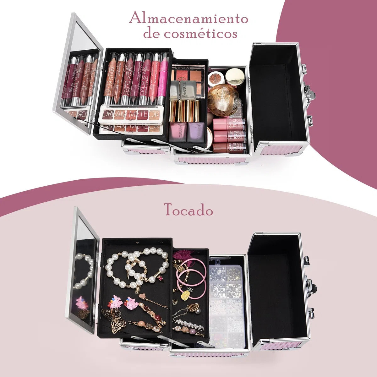 Maletín Maquillaje Rosa Estuche Maquillaje Caja Maquillaje Cosméticos Vacío Profesional con Espejo y Cerradura 19.5x15x16cm Regalos para Mujeres,Rosa