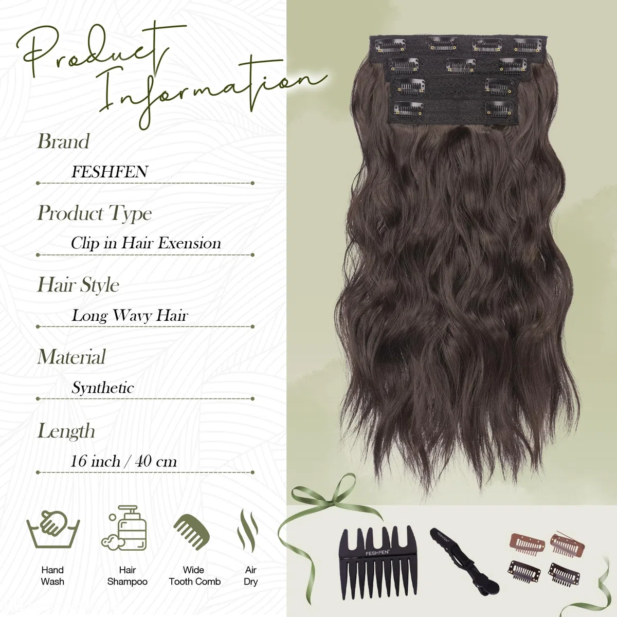 FESHFEN Extensiones de Pelo con Clip Sintéticas Ondulado Natural 40 cm | 4 PCs Postizos Extension Resistentes al Calor para Mujer para Uso Diario Fiestas Eventos, Marrón Negro