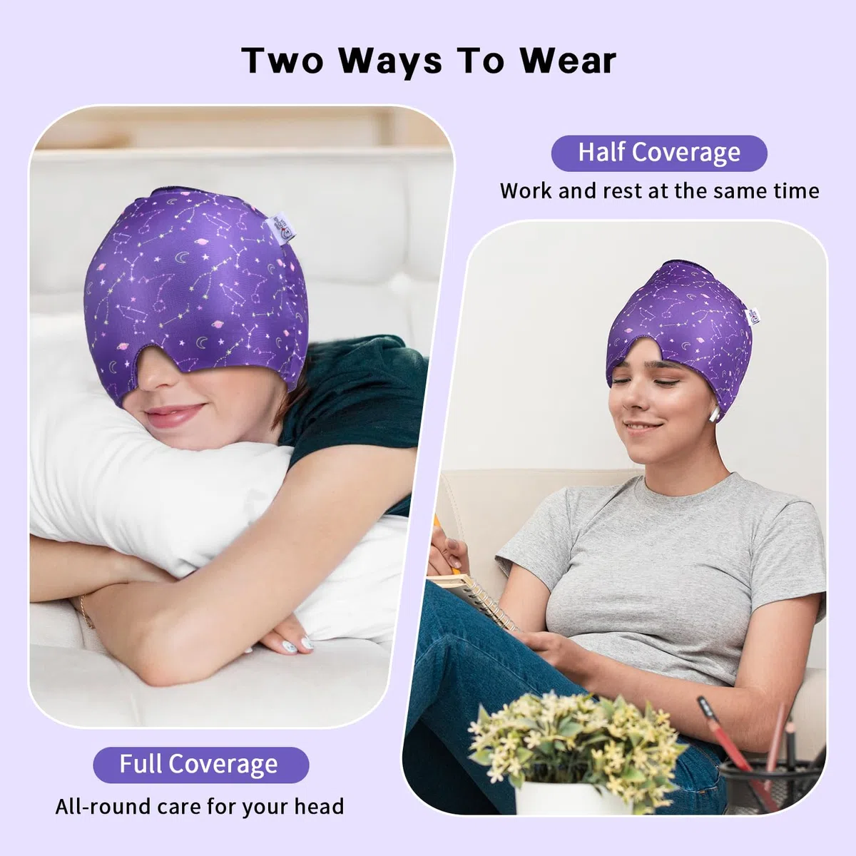 my novel things Gorro de alivio de migraña, máscara de gel refrescante para ojos, paquete de 2 unidades, alivio del dolor de cabeza con tapa de hielo caliente/frío, alivio instantáneo del dolor de