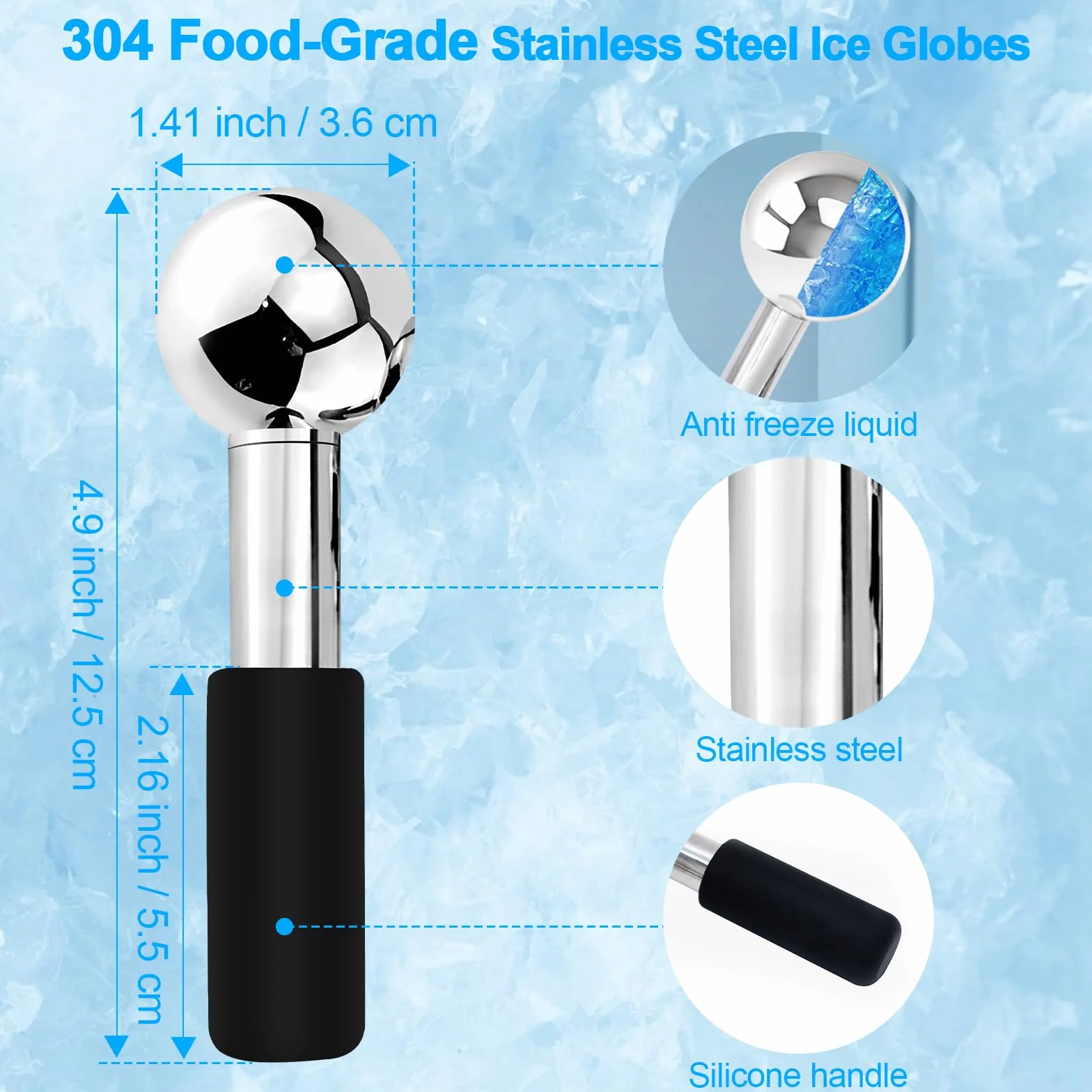 CGBE 2 Piezas Globos de Hielo Facial, Masaje de Hielo Bola para Cara Ojos Cuello, Rodillo de Hielo de Acero Inoxidable, Reduce Las Ojeras y La Hinchazón, Mejora la Circulación Sanguínea