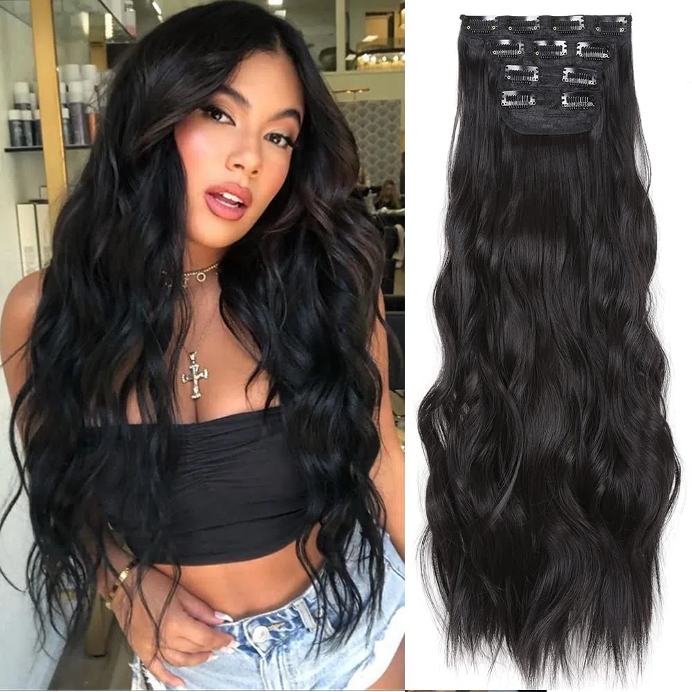 Clip in Hair Extensions Juego de 24 Pulgadas 4 Piezas Rizado Clip de Extensión de Cabello, Piezas de Cabello Para Mujeres YDDM Fibras de Cabello Sintéticas A(1B#)