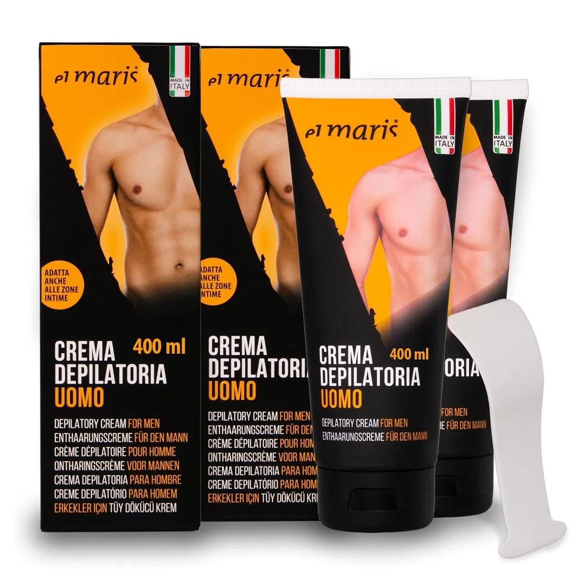 Elmaris - Crema depilatoria para hombre ultrarrápida y lenitiva, con Manteca de Karité y Bisabolol. Depilación de las partes íntimas, pecho, espalda, piernas, brazos. 2x200ml
