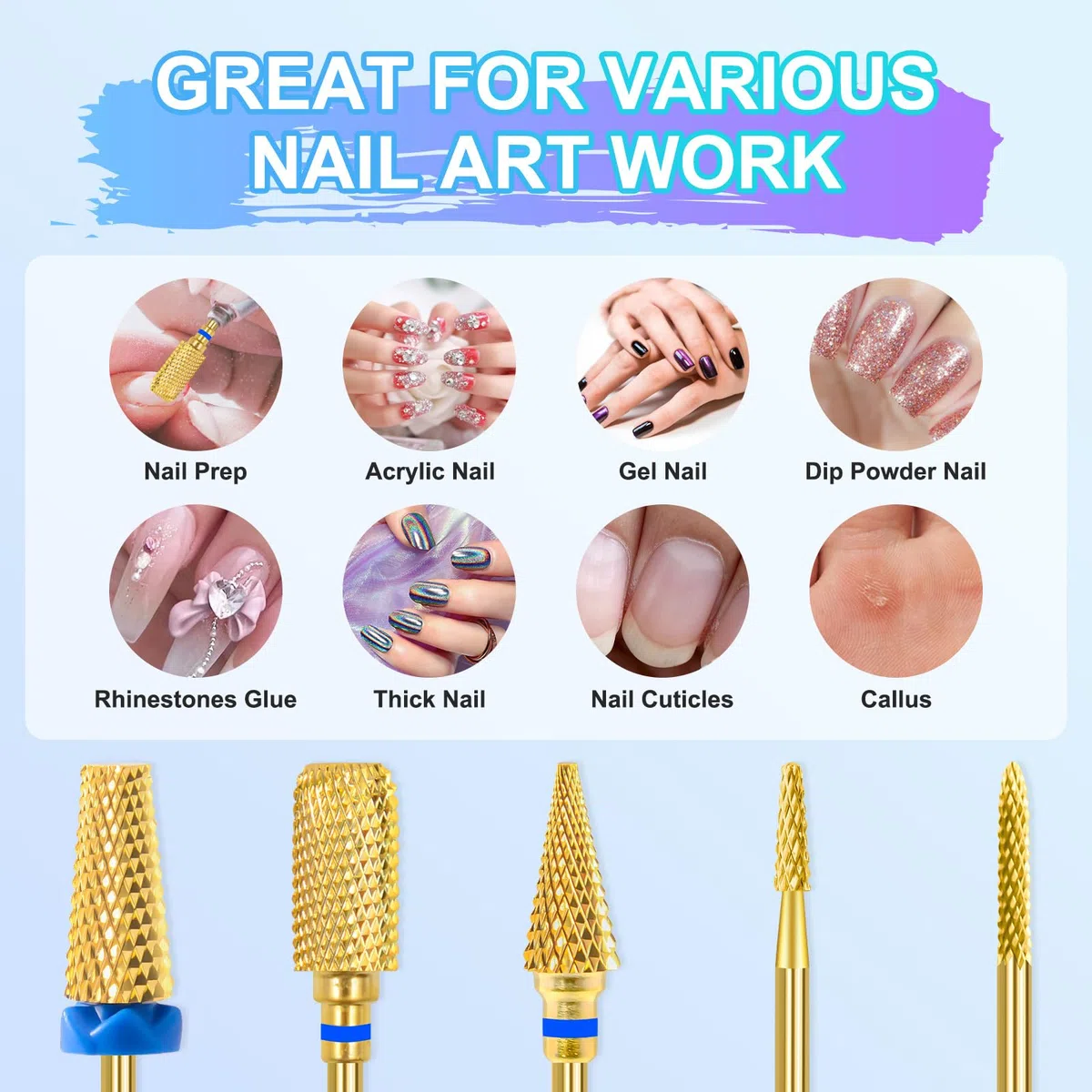 CGBE Fresas Torno para Uñas, 5 Piezas Brocas para Uñas Oro Profesional para Quitar Gel Acrílico Cutícula, 3/32 Pulgadas Broca Manicura Carburo de Tungsteno para Preparación de Uñas, Juego-B
