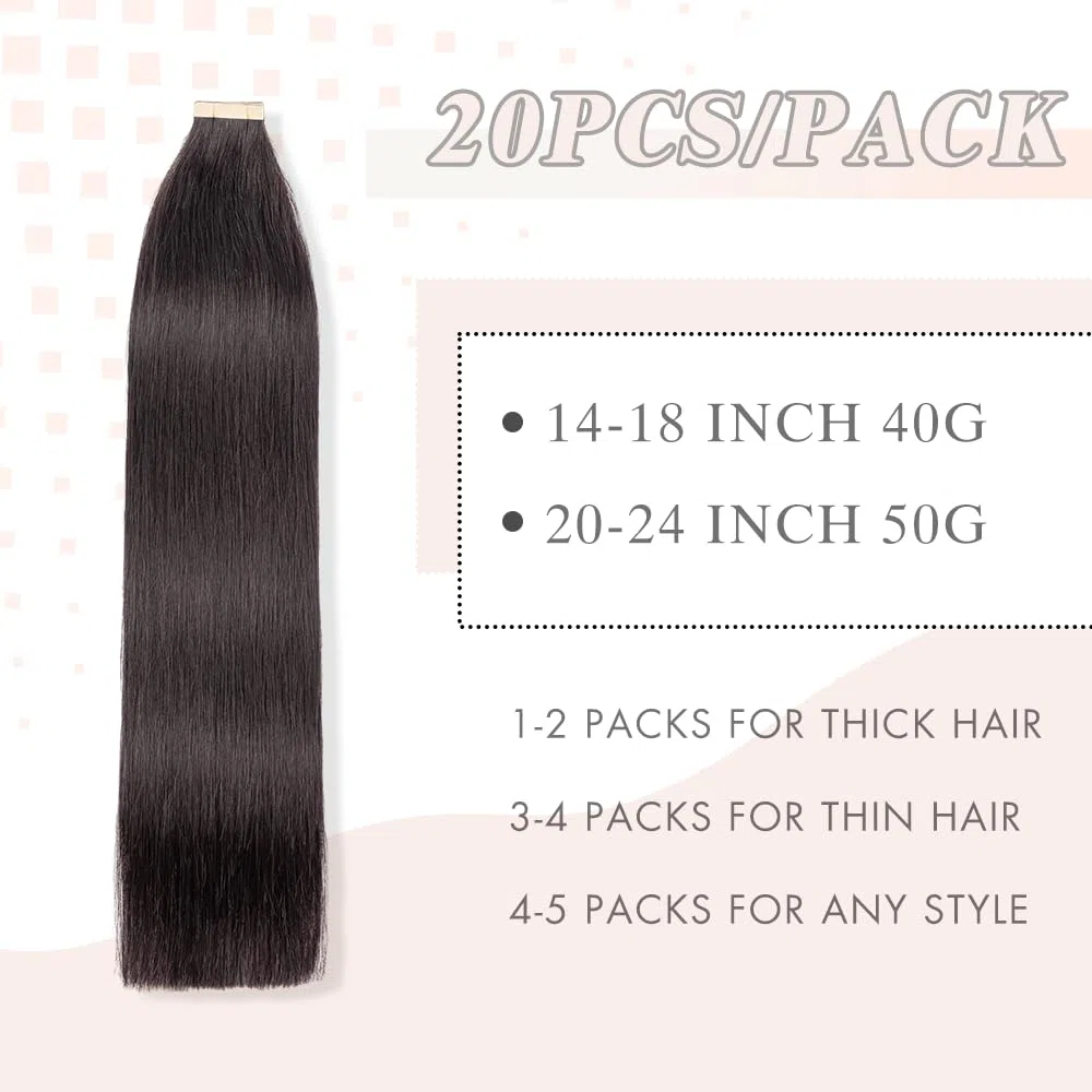 YDDM Extensiones Adhesivas Pelo Natural 20pcs 35cm 40g Negro - Extensiones De Cabello Humano (14 Pulgadas, 1B#)