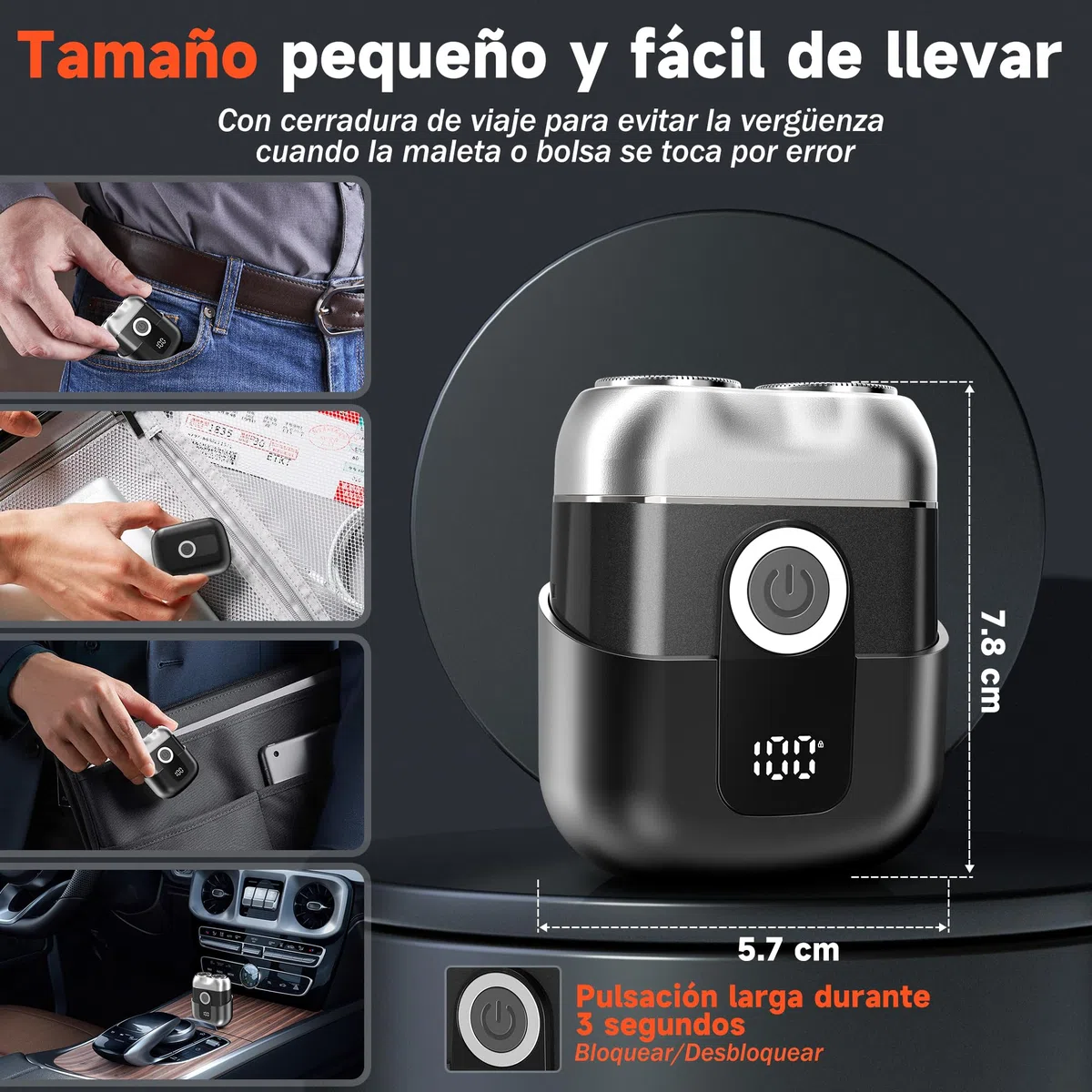 Mini Afeitadora Electrica para Hombres con Pantalla LED, Impermeable IPX6, Portátil Silenciosa y Lavable, Gris