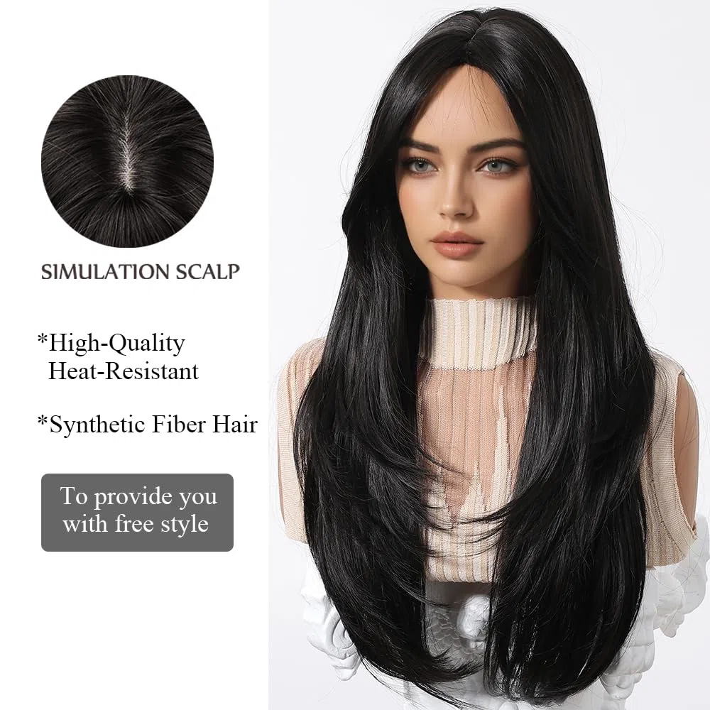 Peluca Larga de Mujer Negra con Flequillo Recto Natural Pelucas de Pelo Sintético Resistentes al Calor para Uso Diario en Fiestas Cosplay