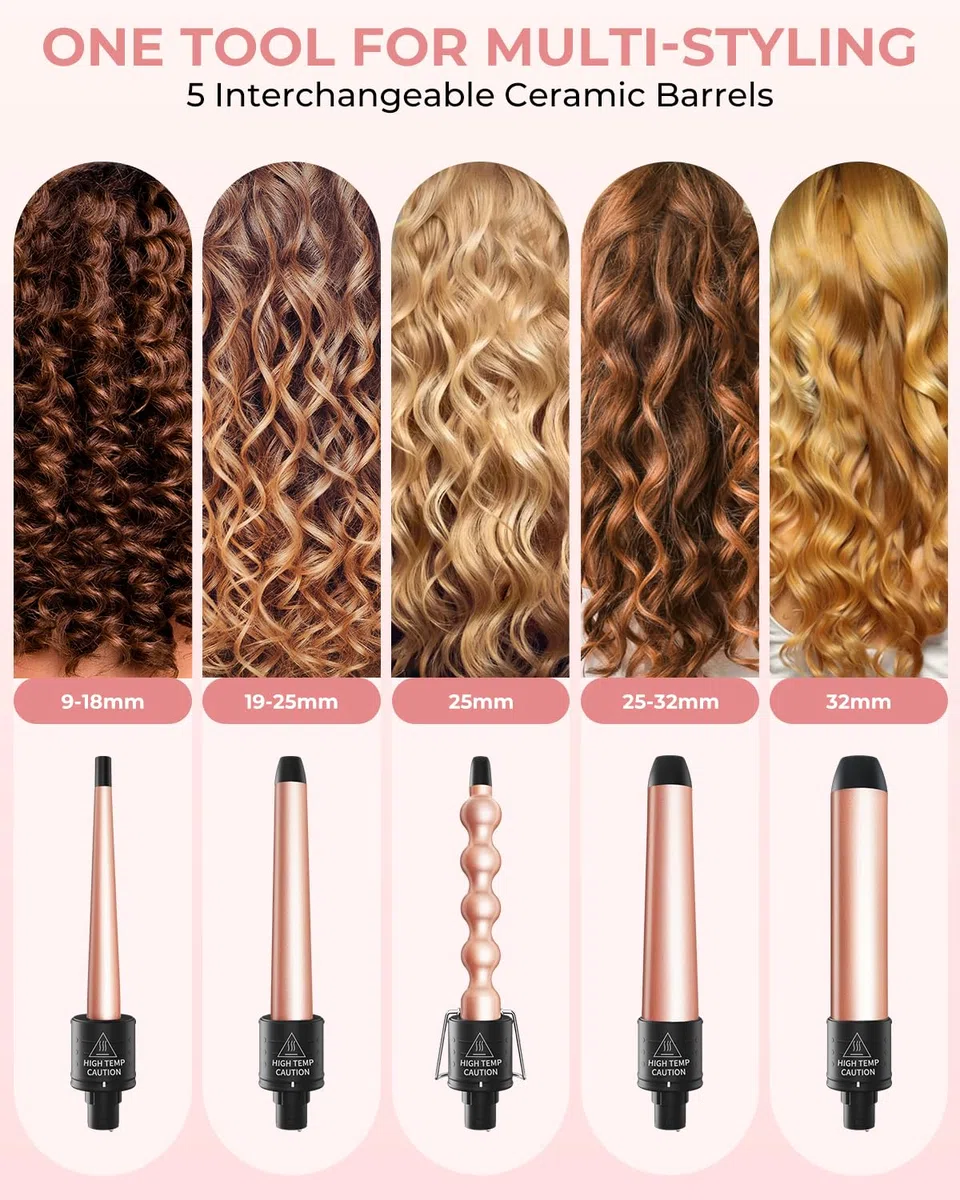Rizador Pelo 5 en 1, Ohuhu Tenacillas De Pelo Profesional con Barril Cerámico Intercambiable y Guante Protector Para Todo Tipo de Cabello, Calentamiento Instantáneo y Temperatura Ajustable