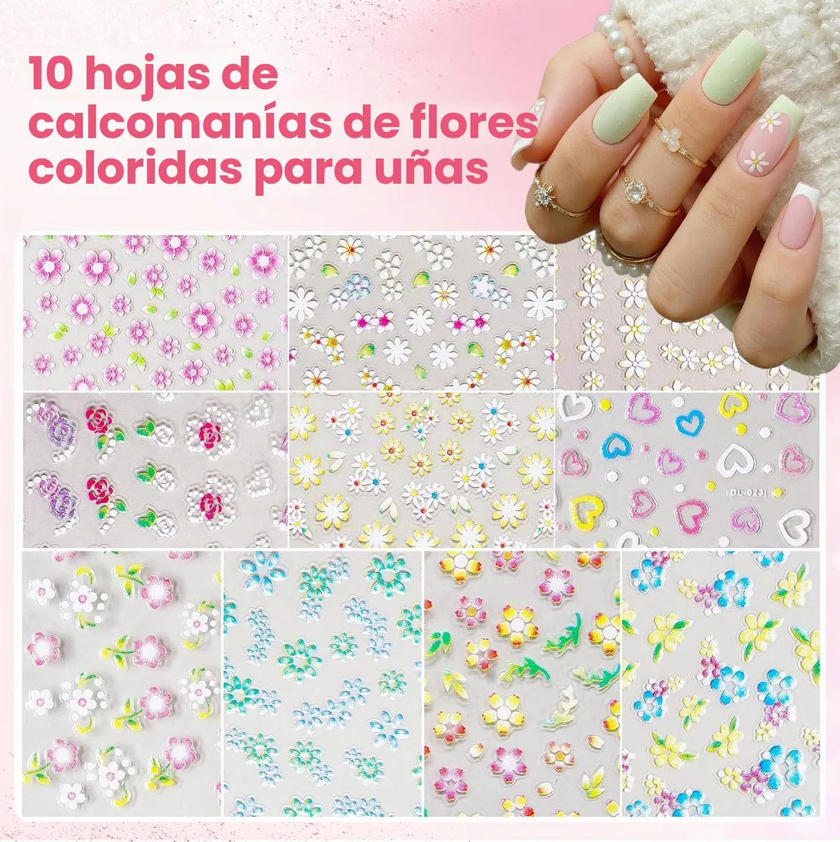 Polvo Acrilico Para Uñas: 4 Colores Acrílico En Polvo Set 2 Dedos Ejercicio Ajustables Con 100 Puntas De Uñas/3 Lápices De Arte De Uñas/Pegatinas Florales/Archivo De Uñas Profesional Kits Completo