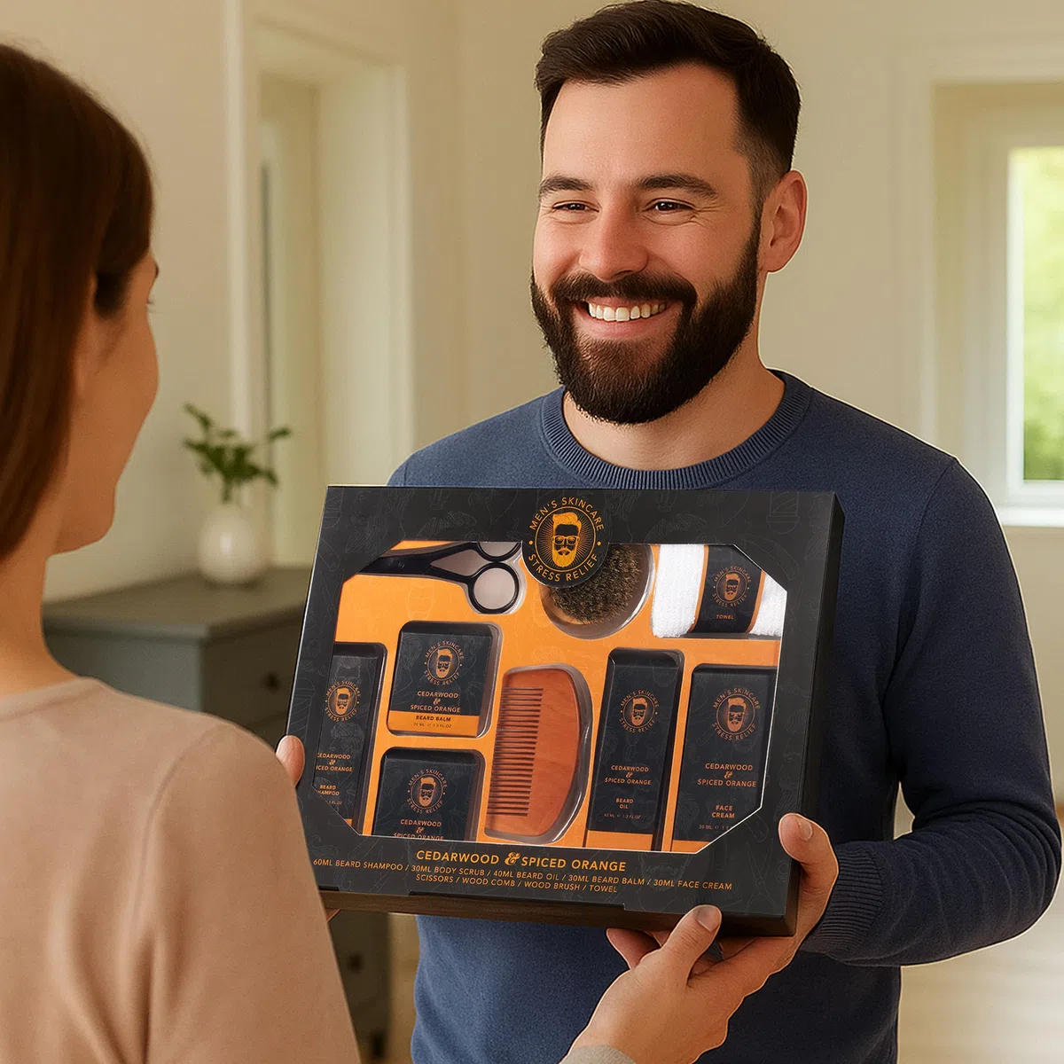 BRUBAKER Kit de 9 Piezas para el Cuidado de la Barba y la Cara con Champú, Aceite, Bálsamo, Cepillo, Crema para la Cara, Pelar, Peine, Tijeras, Guante para Lavar - Regalos para Hombres