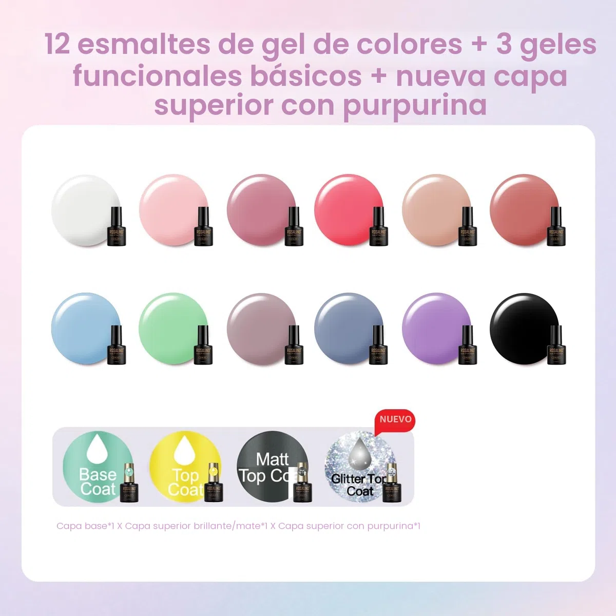ROSALIND Kit Uñas Semipermanentes, 48W Lampara uñas semipermanentes, 12+4 PCS Kit Pintauñas Gel Completo Lámpara UV Blanco Rosa Azul Verde Morado Esmaltes Permanentes Manucira