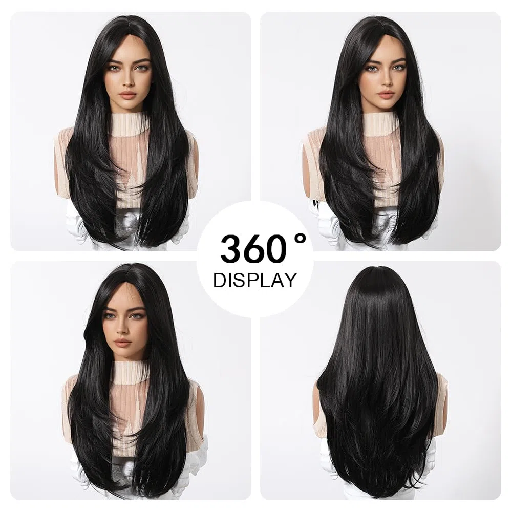 Peluca Larga de Mujer Negra con Flequillo Recto Natural Pelucas de Pelo Sintético Resistentes al Calor para Uso Diario en Fiestas Cosplay