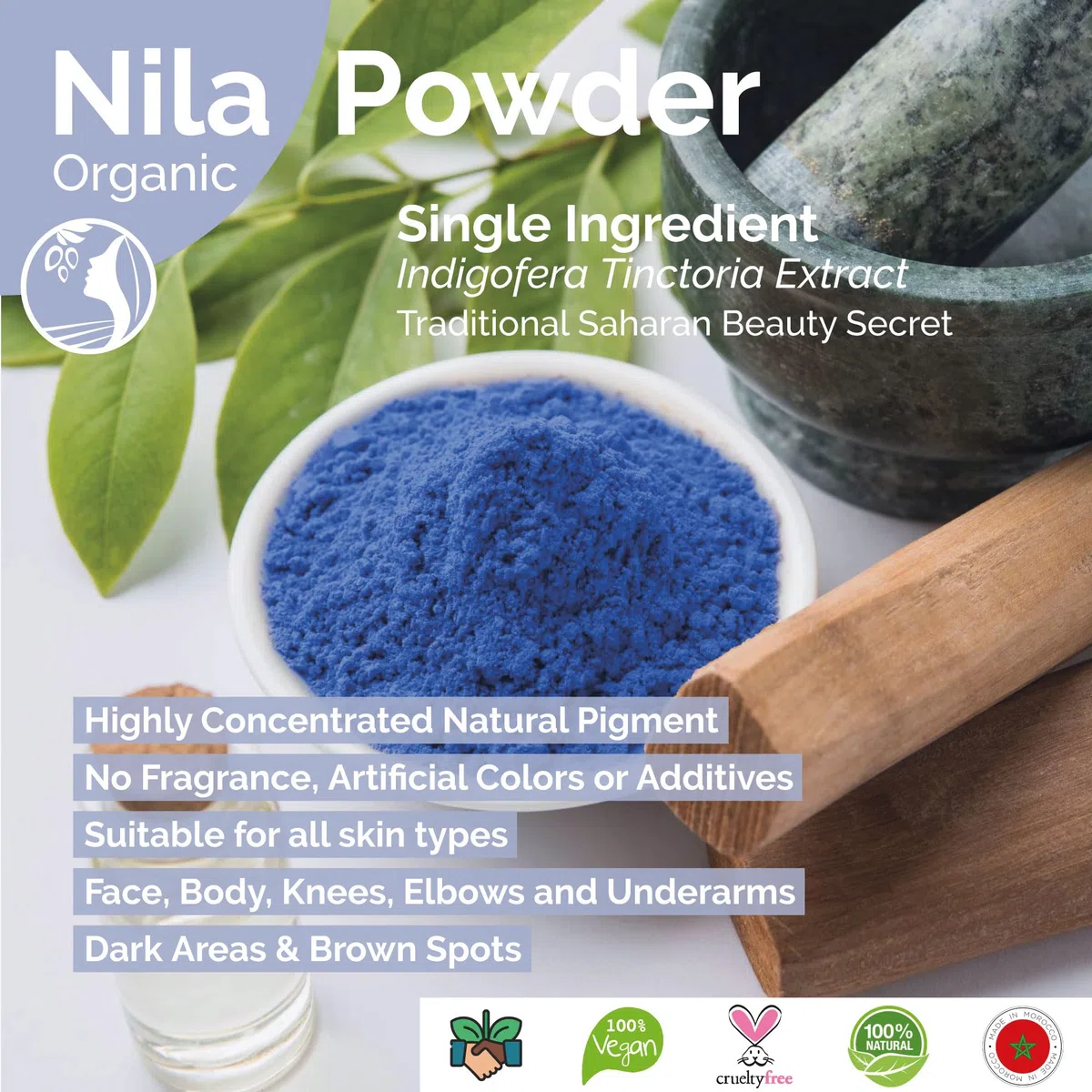 Fatima's Garden Polvo Puro de Nila Índigo 200g - Polvo Natural Marroquí para Cuidado Facial y Capilar - Exfoliante e Hidratante