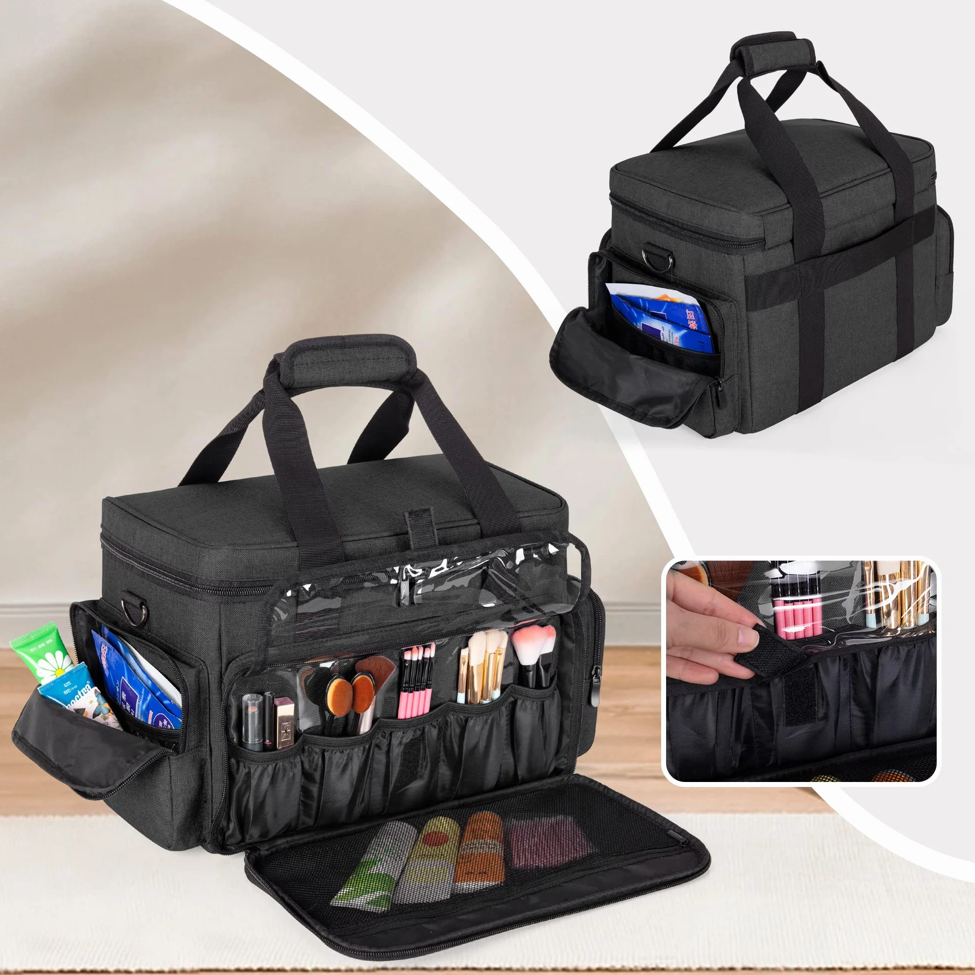 BAFASO Bolsa de Maquillaje de Viaje Grande con 3 Bolsas Interiores Extraíbles y Divisores, Bolsa de Cosméticos Multifunción para Guardar Artículos de Maquillaje y Cabello (Pendiente de Patente), Negro