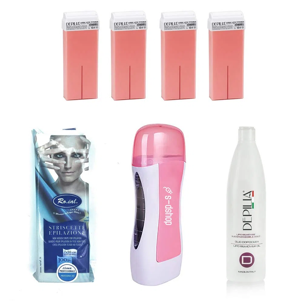 Kit de cera caliente para depilación de cera, 6 recambios de rodillo de cera profesional Depilia liposoluble, tiras de depilación para hombre y mujer, aceite para después de cera depilatoria (Titanio)