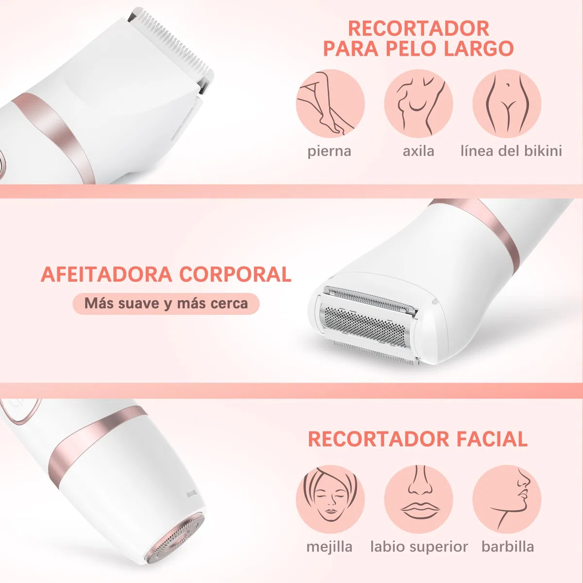 Afeitadora Eléctrica Mujer, MAXGROOM Set de Depiladora Electrica 3 en 1 para Mujer, IPX6 Utilizable en seco/mojado Recortadora Corporal Mujer, Apto para Facial, Cuerpo y Las Zonas íntimas