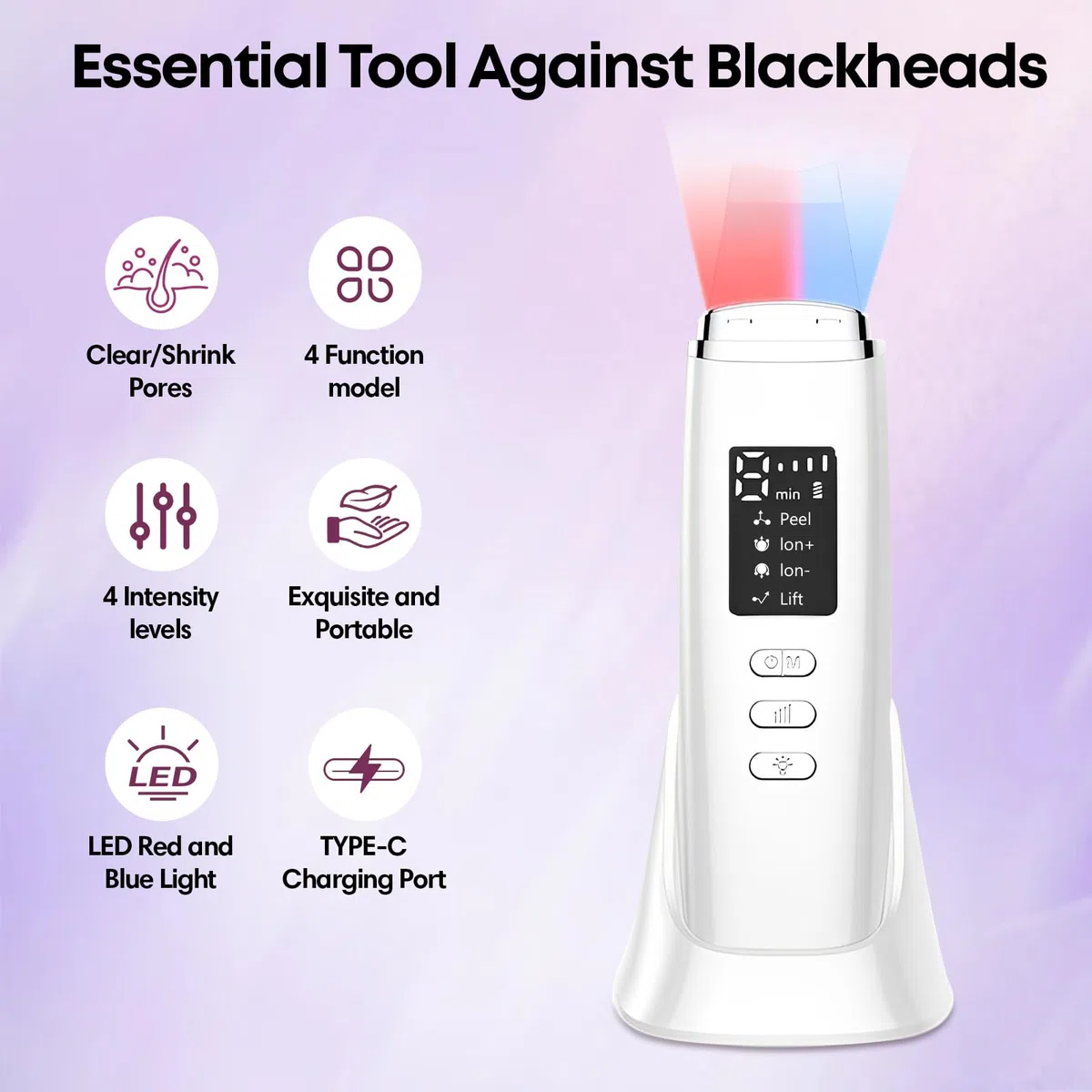 Peeling Ultrasónico Facial, Limpiador Ultrasonidos Facial, 4 Modos e Intensidad Ajustable, Extractores de puntos negros, Skin Scrubber Removedor de Puntos Negros para Dispositivo de Belleza