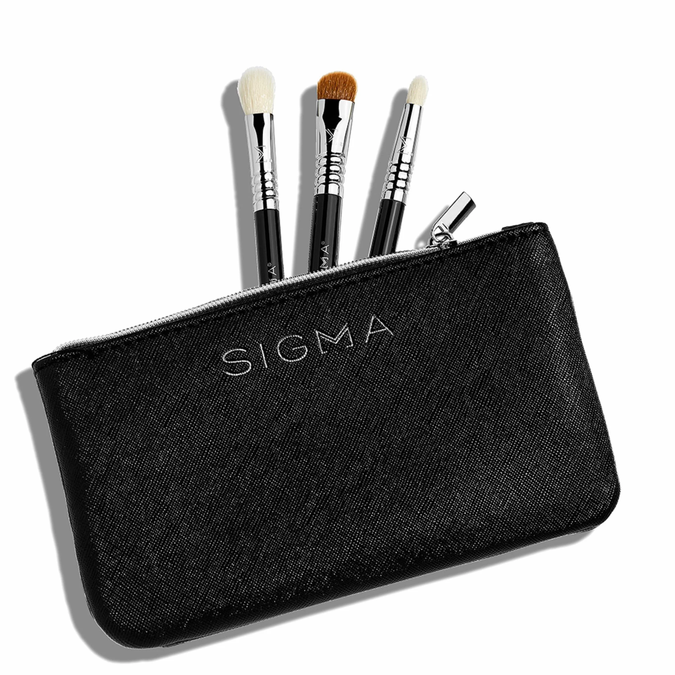 Sigma Beauty Glam 'N Glow - Juego de 3 pinceles para ojos, sombrear, doblar y difuminar, elegante estuche negro (4 piezas)