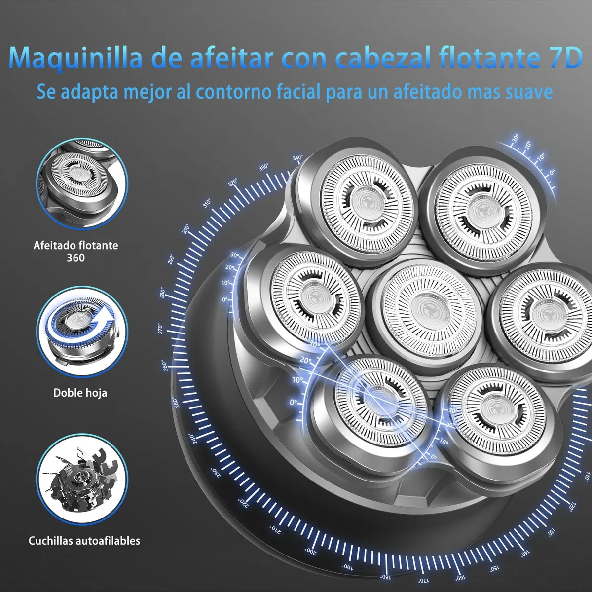 Afeitadora cabeza hombre, Maquina afeitar cabeza 7D para hombre magnético, Recargable portátil, Impermeable, para uso en seco y húmedo, Con Pantalla LED Bloqueo de Viaje (4in)