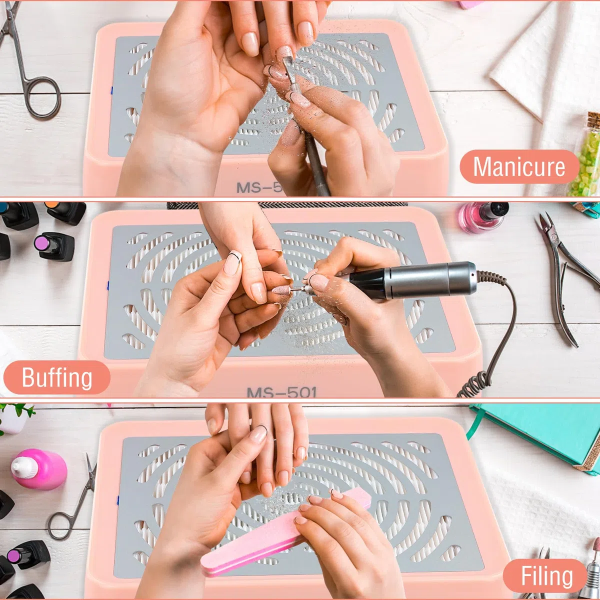 Aspirador Profesional de Uñas con Luz USB, Potente y Silencioso, Colector de Polvo para Manicura y Pedicura, Uso en Casa o Salón de Belleza, Rosa