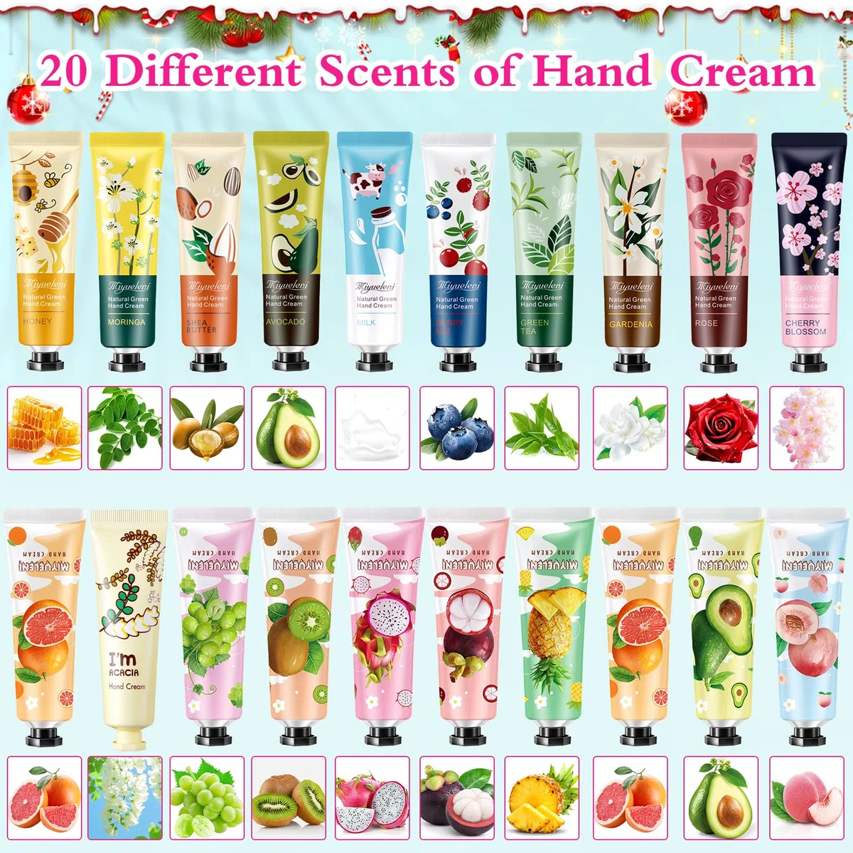 Crema de Mano Mini, 20 Pack Cremas Manos de Regalo Navidad para Manos Secas y Agrietadas, Hidratante, Fragancia para Manos, Pequeño Regalo para Mujeres, Reg-alo de Navidad y Cumpleaños