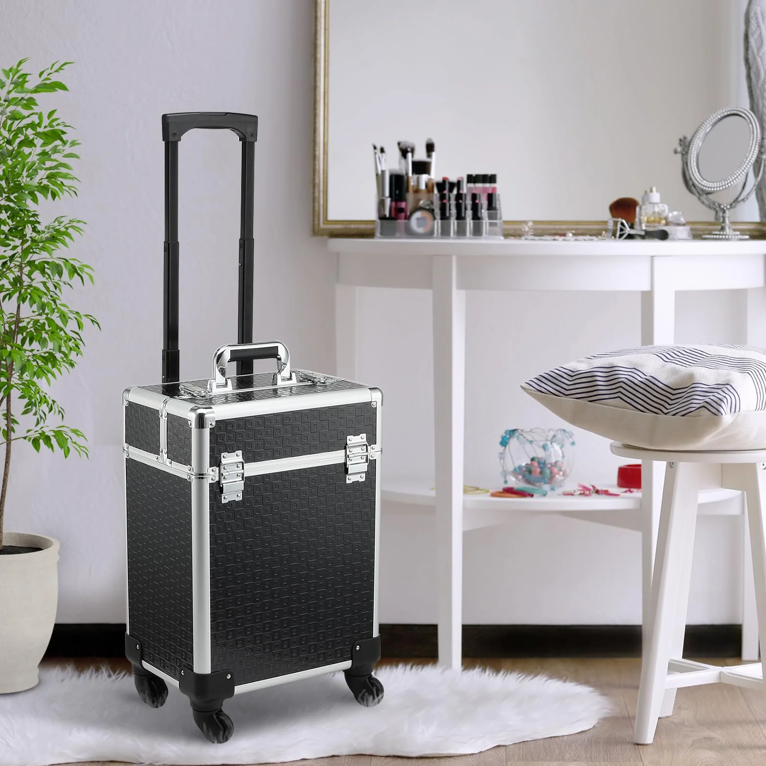 HOMCOM Maleta de Maquillaje Profesional con Ruedas, Maletín de Maquillaje con Mango, 2 Bandejas, Compartimento Inferior, Cerradura y 2 Llaves, para Salón, Peluquería, Negro