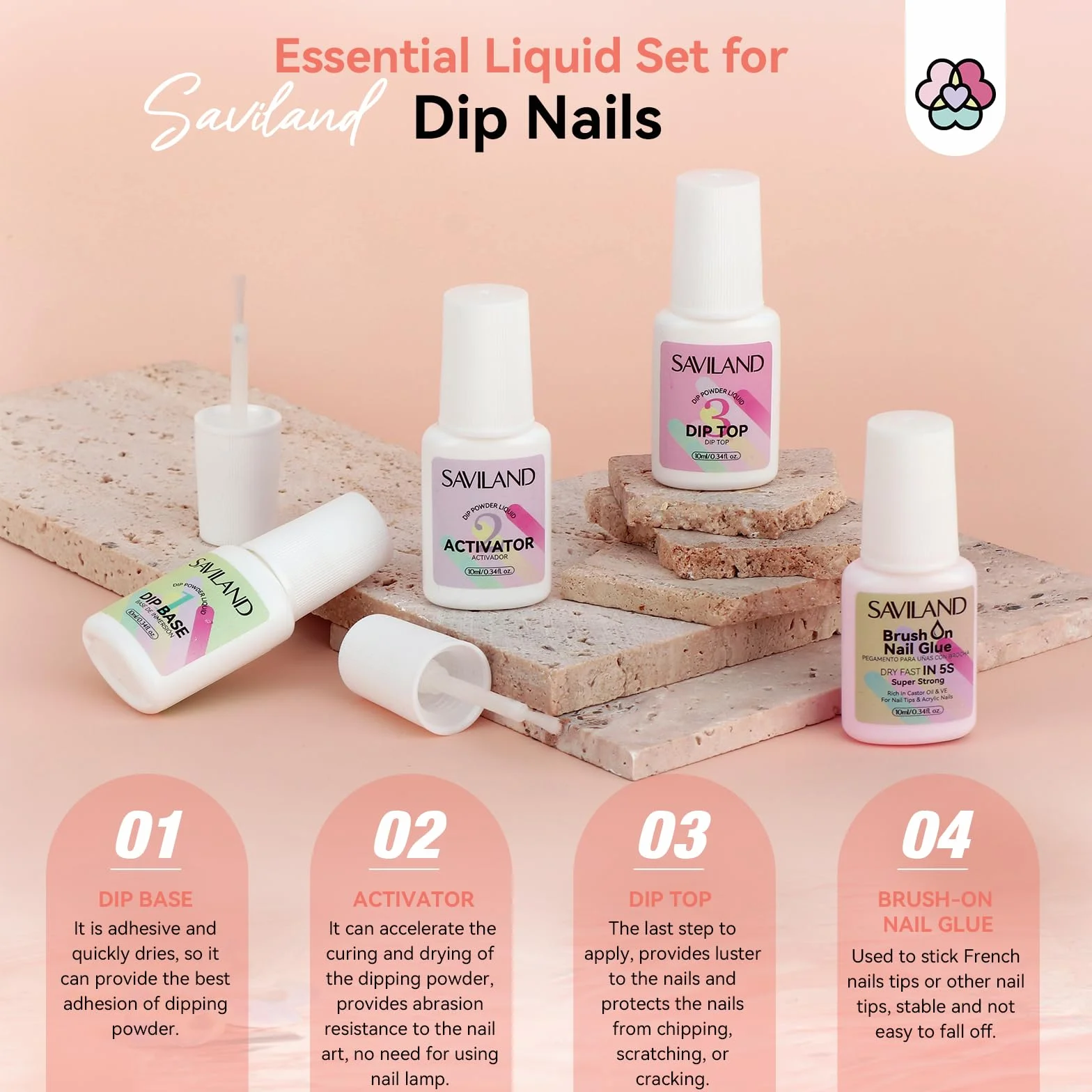 Saviland Dip Powder Nail Kit: 4 Colores de Queratina en Líquido de Polvo de Inmersión con uñas Francesas Consejos y Pegamento Dip Base & Top Coat Uñas Activador (No Necesita Lámparas de Uñas)