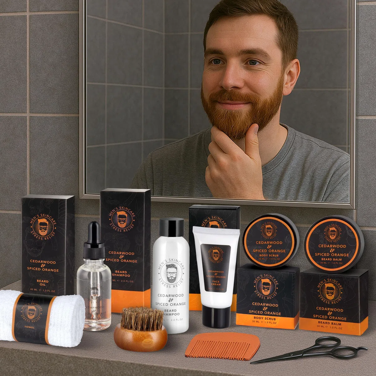 BRUBAKER Kit de 9 Piezas para el Cuidado de la Barba y la Cara con Champú, Aceite, Bálsamo, Cepillo, Crema para la Cara, Pelar, Peine, Tijeras, Guante para Lavar - Regalos para Hombres