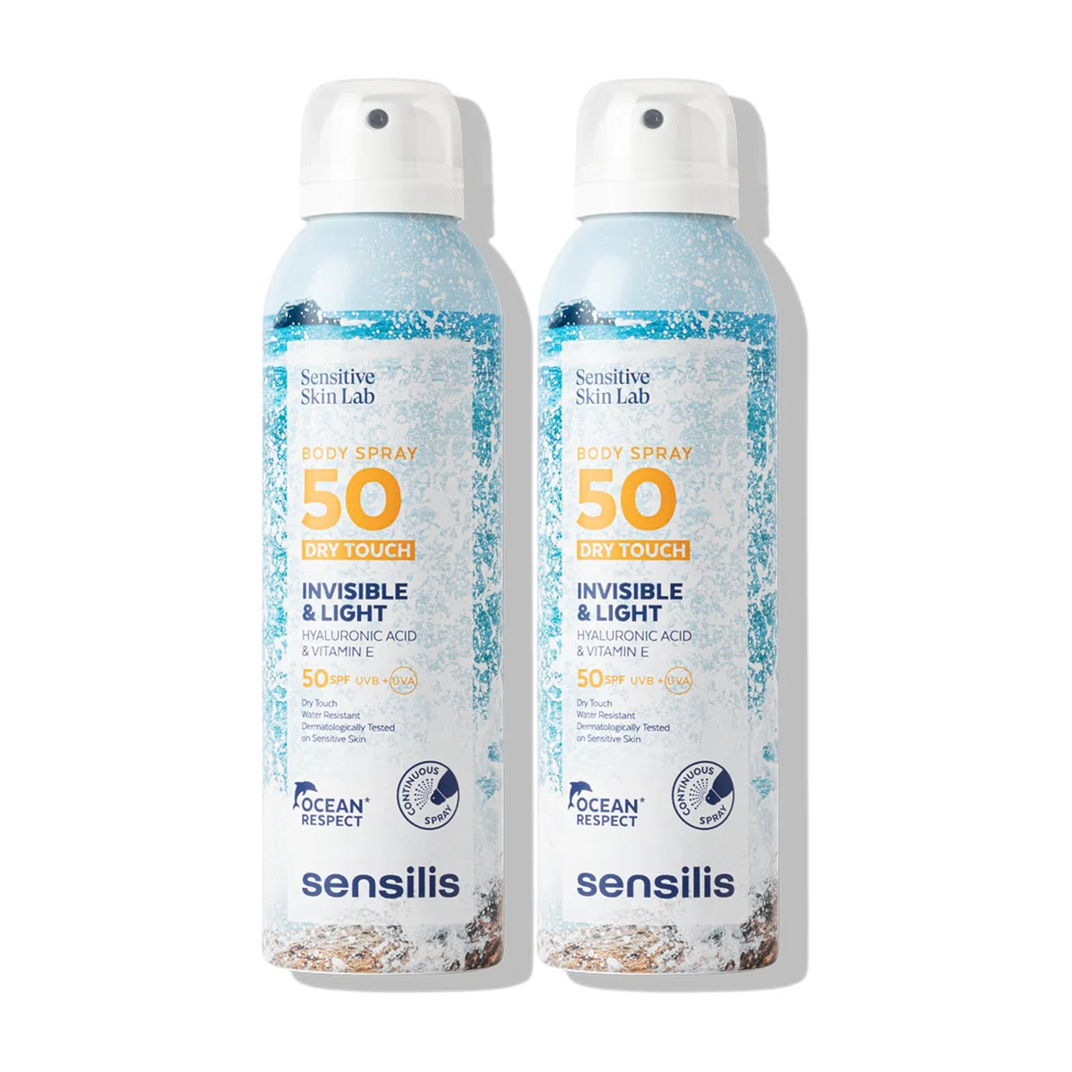 Sensilis - Duplo Body Spray Dry Touch SPF50, Protector Solar, con Ácido Hialurónico, Vitamina E y Aloe Vera, Calma, Hidrata, con Efecto Antioxidante, Apto en Pieles de Fototipos II y III - 2 x 200 ml