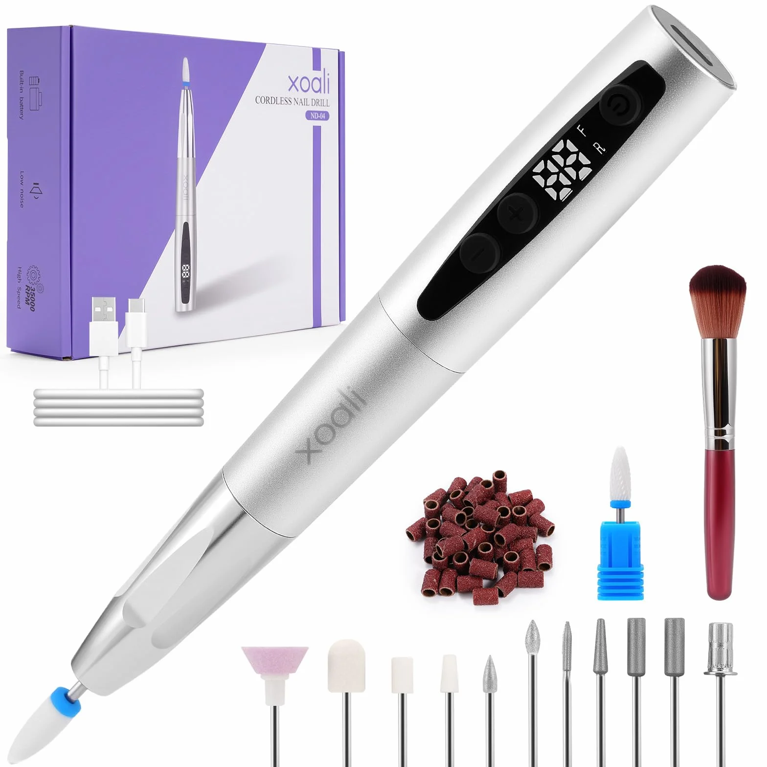 Xoali Torno para Uñas Profesional 35000rpm,13 en 1 Lima Eléctrica Uñas Recargable por USB, Torno Uñas sin Cable con Velocidad Ajustable, Kit de Manicura y Pedicura para Salón de Uñas y Manicura Casera