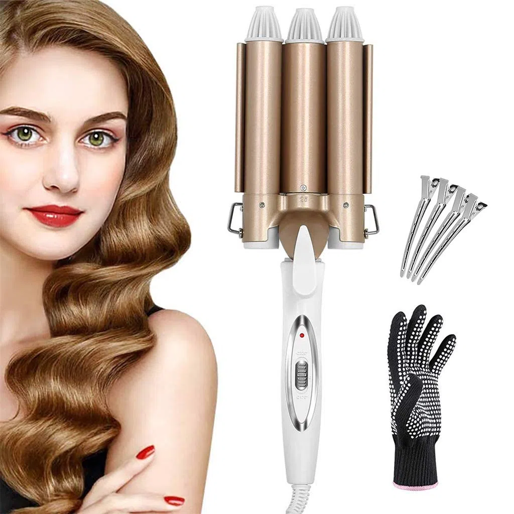 Rizador de pelo de 3 barriles, 22 mm de cerámica de calentamiento rápido Turmalina Varita rizadora Herramientas para peinar el cabello Waver Iron con guantes y pinzas para el cabello