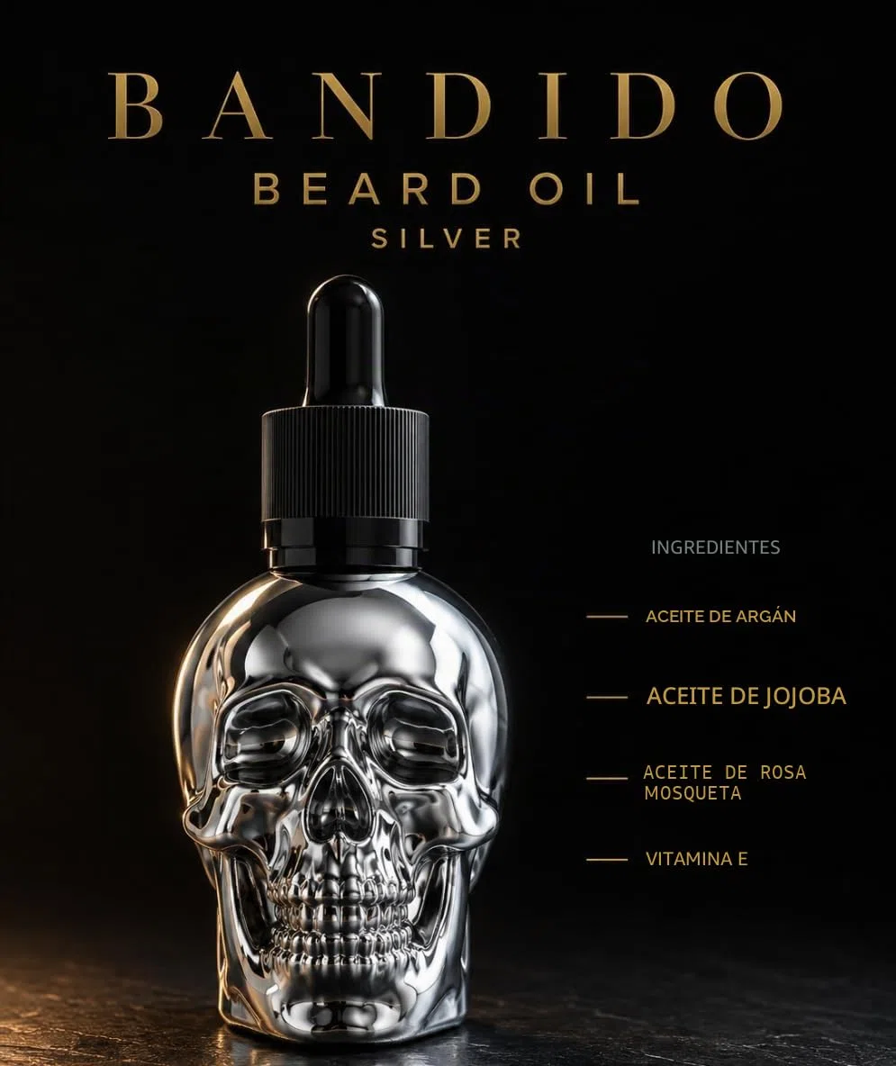 Bandido Aceite para barba para el cuidado diario de la barba de 3 días o barba completa, aceite de barba como regalo para hombres, 40 ml con dispensador de pipeta, diseño de calavera, sérum para