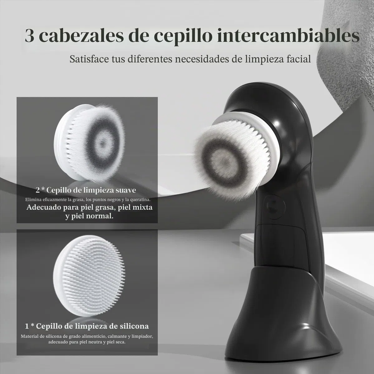 TOUCHBeauty Cepillo de Limpieza Facial para Hombre, Cepillo Limpiador Facial con Soporte, 3 Cabezales Exfoliantes, Doble Velocidad, Impermeable, Funciona con Batería, AG-0759M