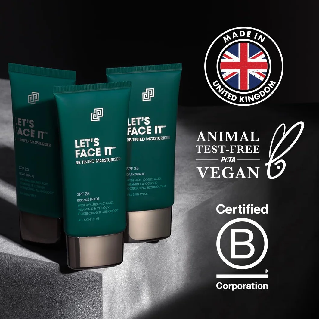 Shakeup Cosmetics BB Cream Hombre, Crema Hidratante con Color y SPF25, Cobertura Natural para Rojeces e Imperfecciones, Maquillaje Masculino Vegano, Hidratación 24h, Tono Medio, 50 ml, LET'S FACE IT