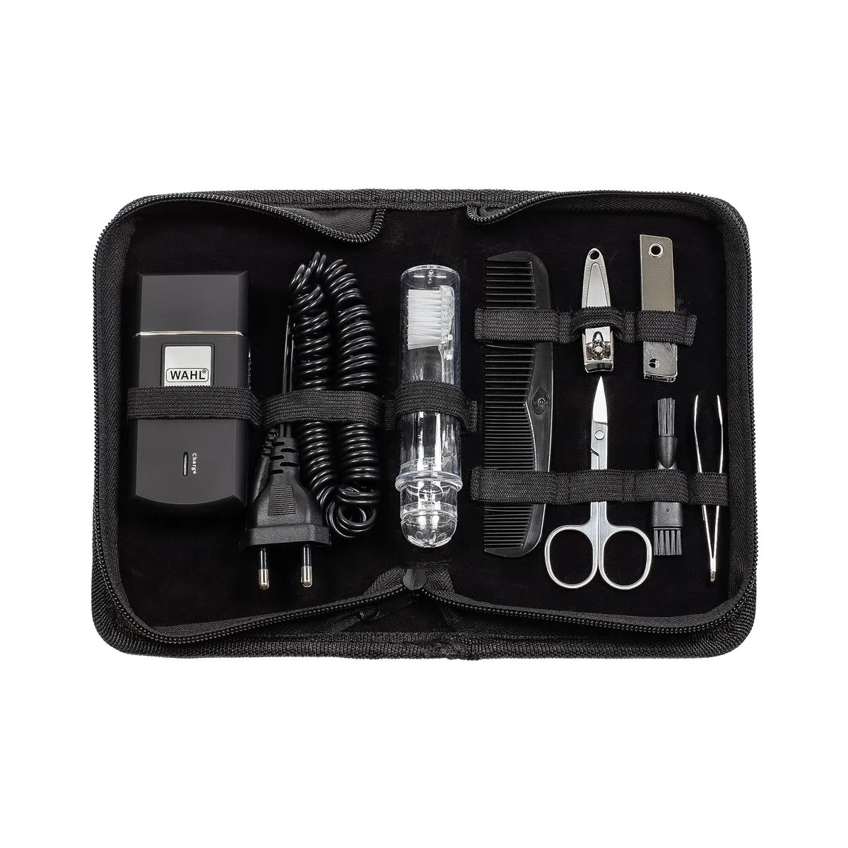 Wahl Travel Shaver Kit, Recargable, Lámina Flexible, Incluye Cepillo de Dientes, Lima de Uñas, Tijeras de Uñas, Pinzas, Peine, Sin Arañazos, Perfecto para Viajar, Pequeño, Estuche de Viaje, Plata