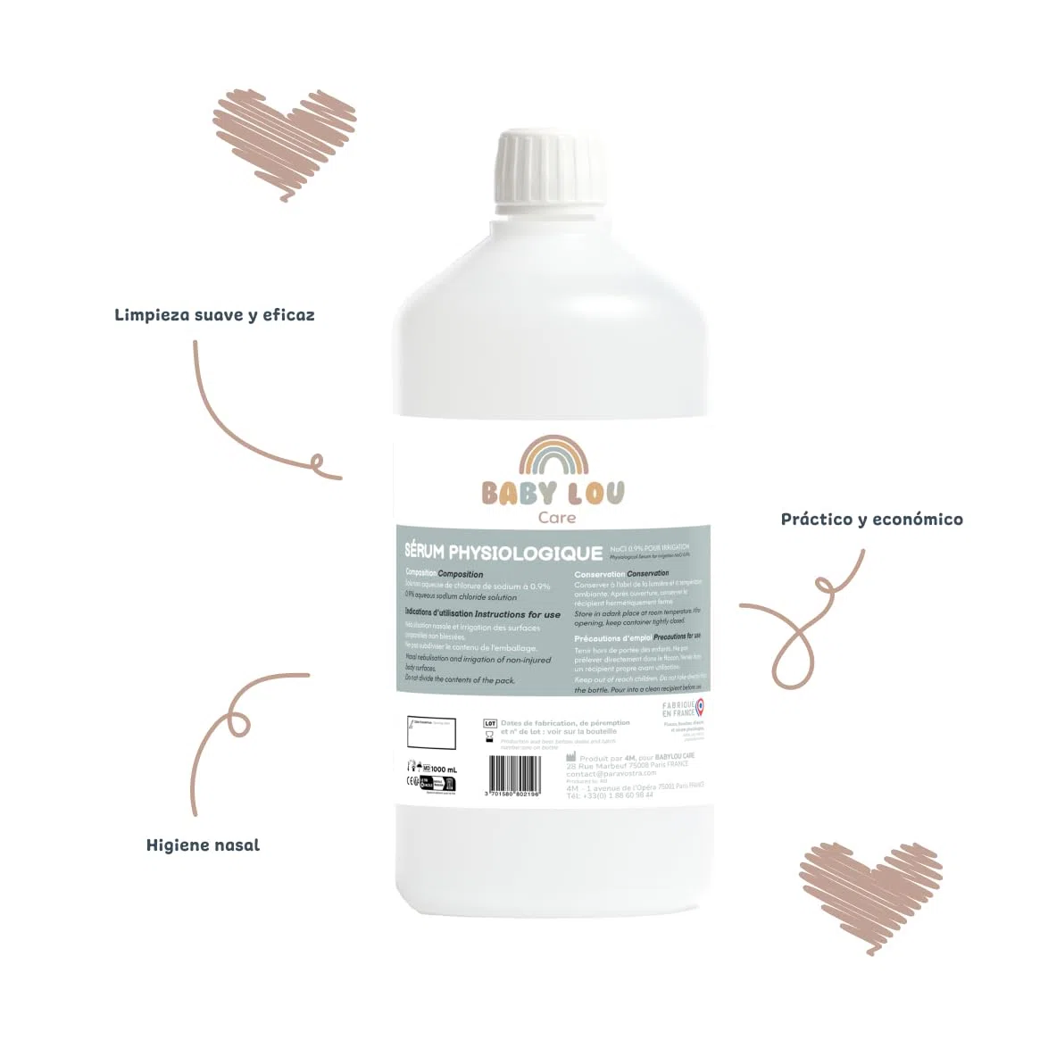 Suero Fisiológico botella 2x1L | NaCl 0,9% | Fabricado en Francia | Lavado de las fosas nasales | Higiene nasal | Para irrigación externa