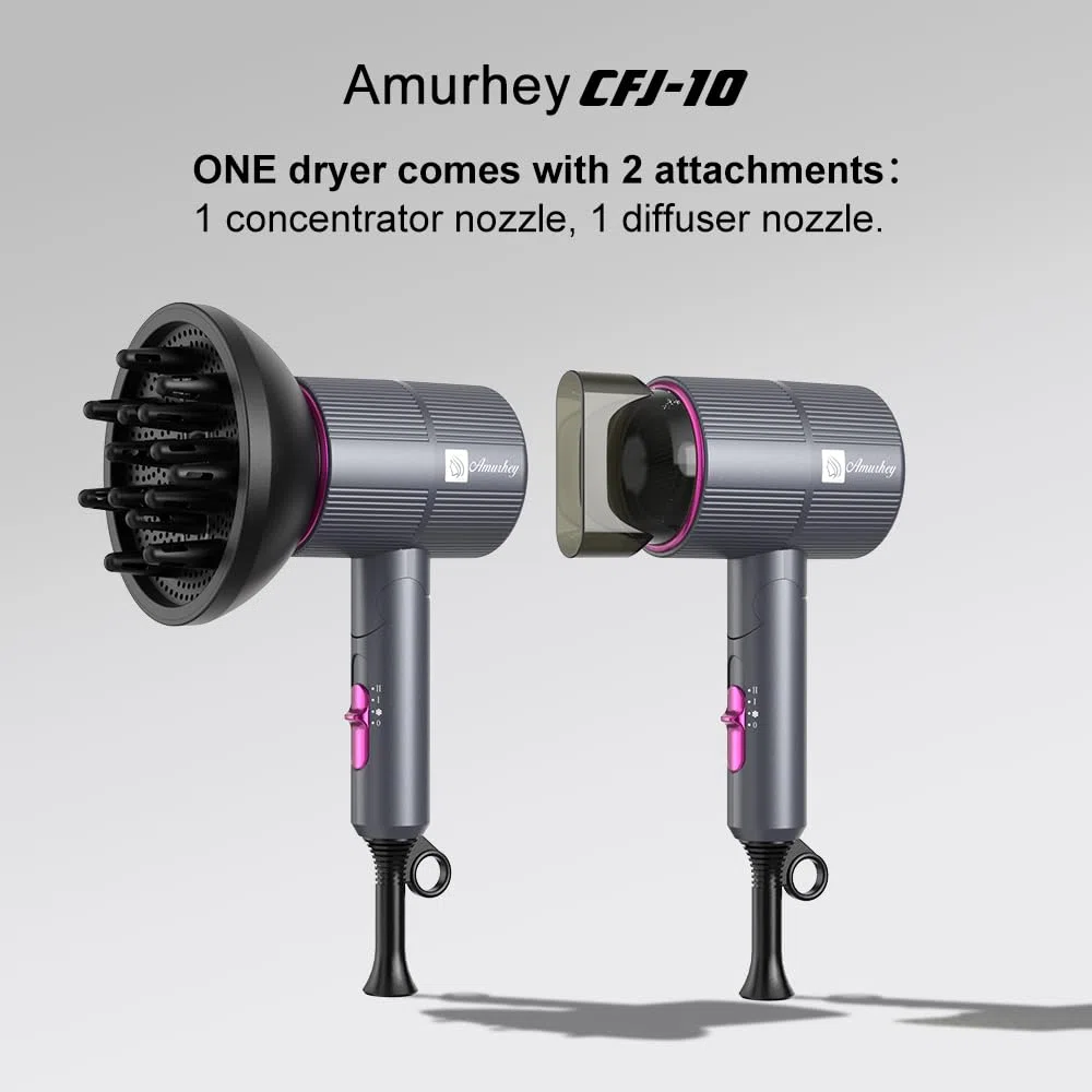 Secador de Pelo Iónico Amurhey con Flujo de Aire de 24 m/s– Ligero y Plegable (aprox. 250 g) – Secador de Viaje de 2000 W con Difusor y Concentrador – Hair Dryer con 110,000 RPM Motor Sin Escobillas
