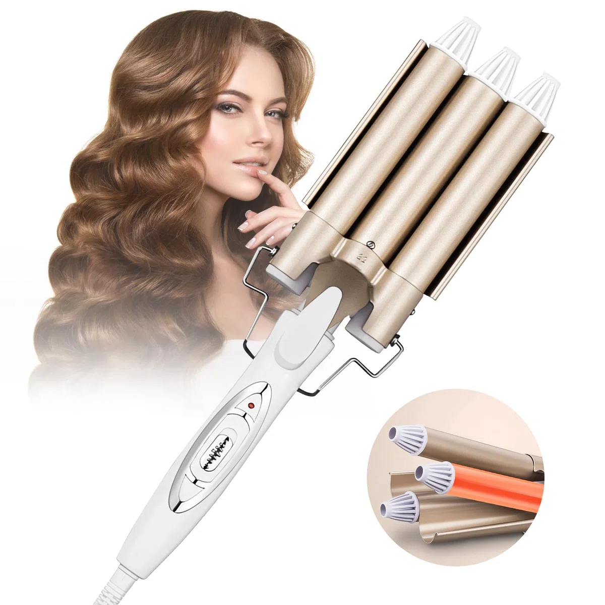 Rizador de Pelo 22mm, Pinzas Rizadoras 3 Tubos Cerámica, Plancha Rizadora para Ondas, Rizador Pelo, Ondulador de Pelo, Temperatura Ajustable, para Rizar y Ondas un Efecto Ondulado