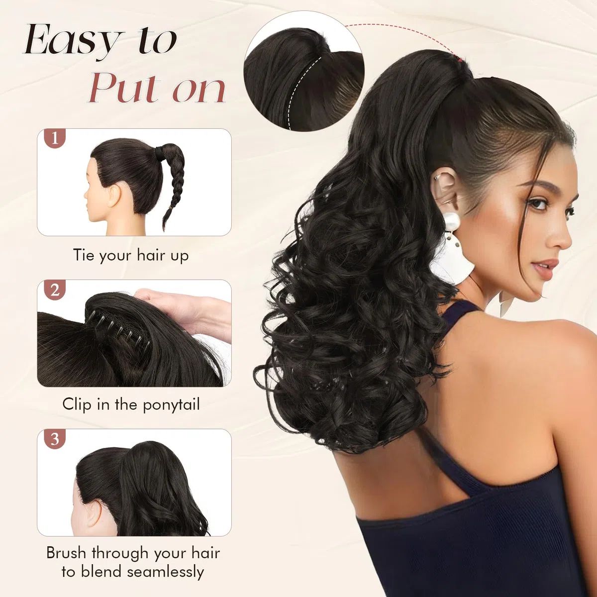 Sofeiyan Coleta Postiza Rizada 43cm con Pinza de Garra, Extensión de Pelo Sintético de Aspecto Natural Cola de Caballo Falsa para Mujer, Rubio Miel Mezclado con Castaño Claro