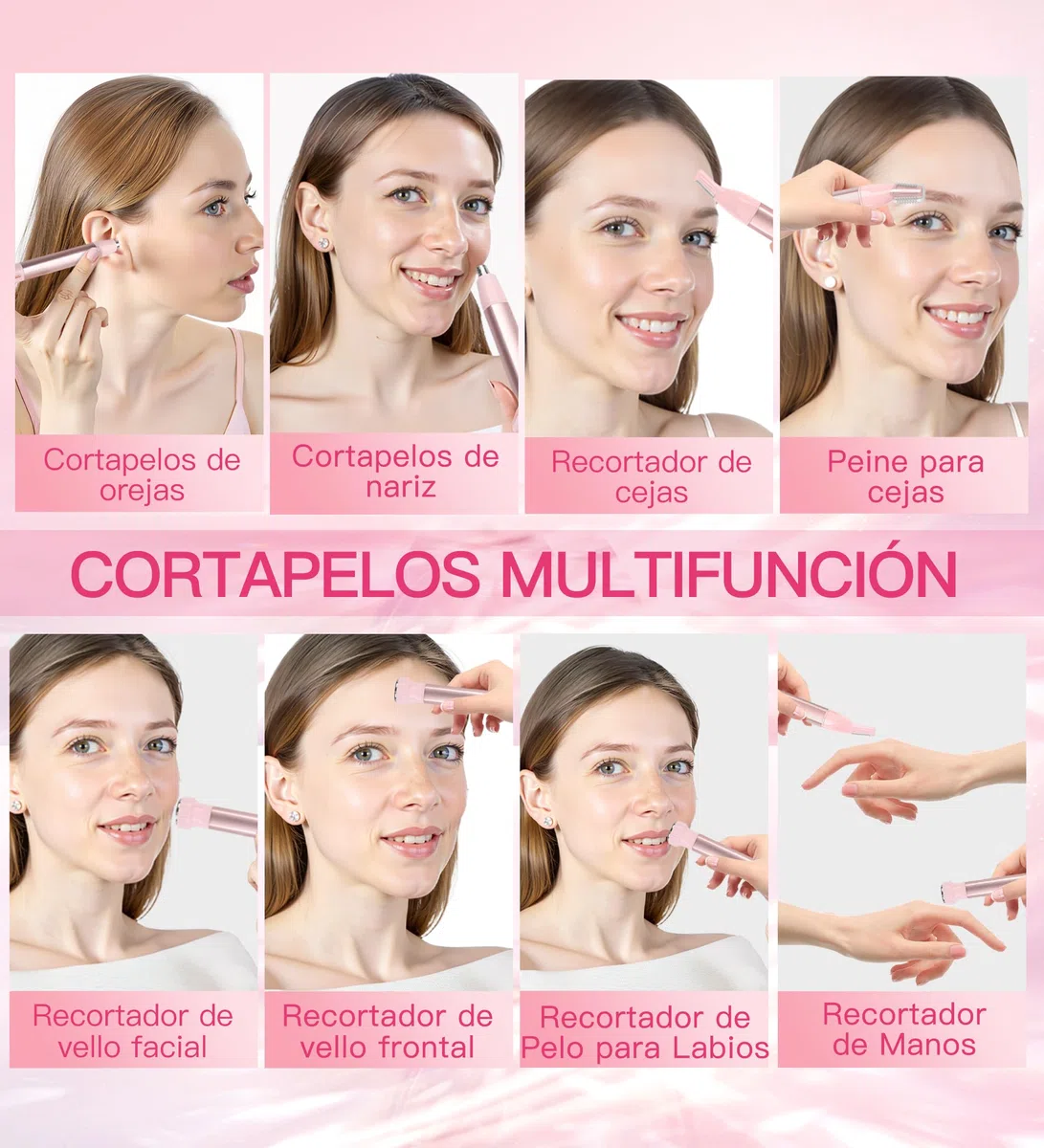 HEBECA Recortadora de vello nasal para mujer 3 en 1 - Recargable, impermeable, portátil con bolsa de viaje - Recorta nariz, oídos, cejas, vello fino, labios, barbilla, eliminador de vello facial (Rosa