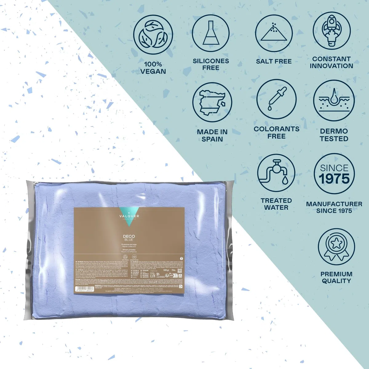 VALQUER Deco Blue Polvo Decolorante Capilar | Aclara Hasta 6 Tonos | Protege la Fibra Capilar con Proteínas de Trigo | Uso Profesional | Vegano | 500 g