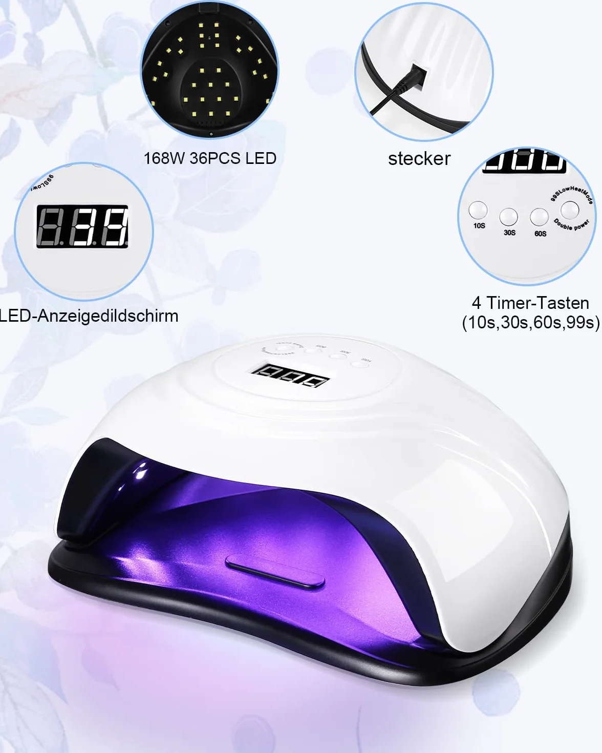 Lámpara UV de secado rápido (168 W, lámpara de uñas profesional, secado rápido, 4 temporizadores de 10/30/60s/99,36 LEDs, gran pantalla LCD extraíble (Classic-White)